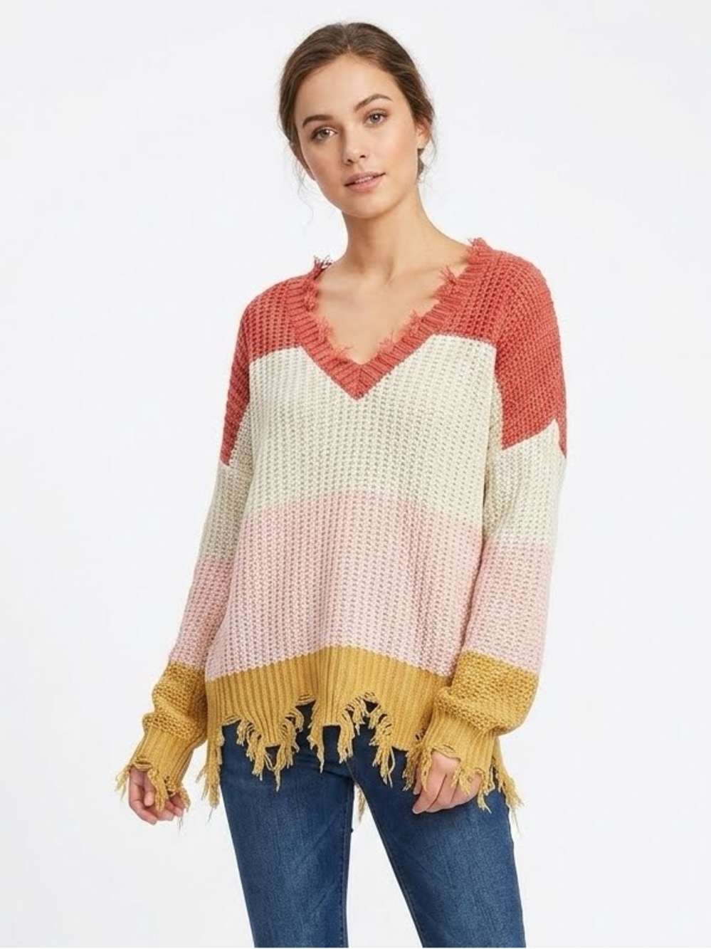 Love Tree Colorblock Boho Chic Distressed Frayed V-Neck Sweater Size S